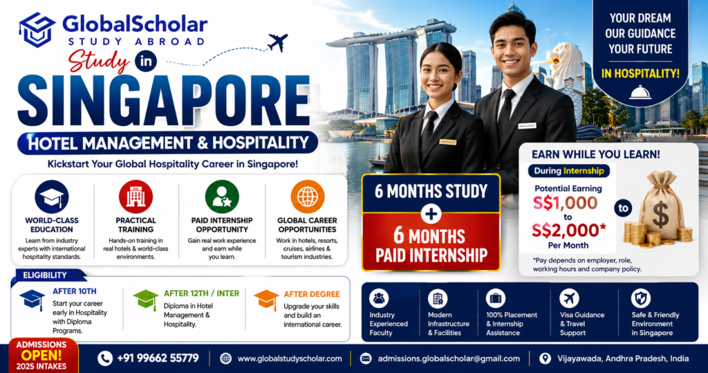 Study Hotel Management in Singapore with 6 months study and 6 months paid internship