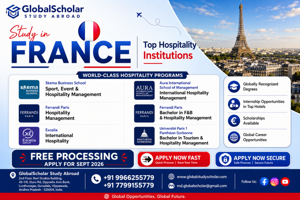 Study Hotel Management in France at top hospitality institutions with GlobalScholar Study Abroad Vijayawada