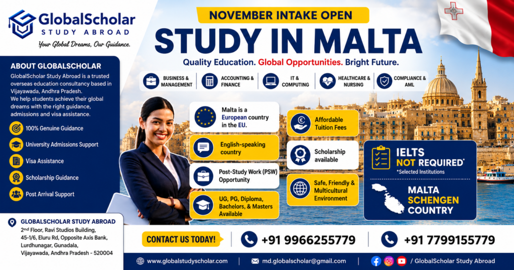 Study in Malta November intake open for Indian students with GlobalScholar Study Abroad Vijayawada