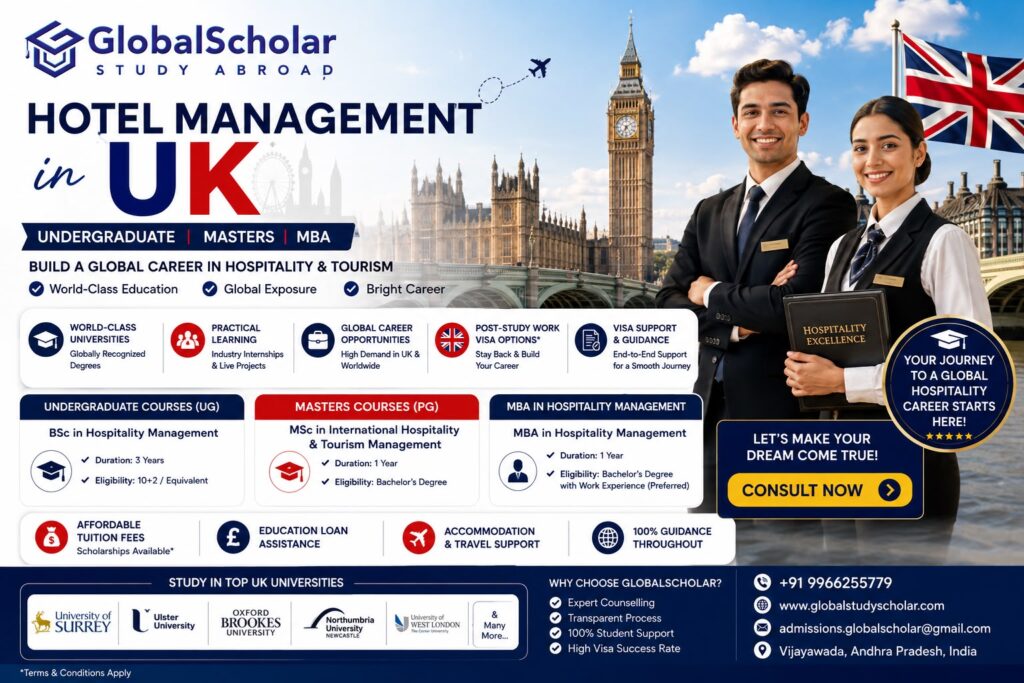 Hotel Management in UK for Indian students with GlobalScholar Study Abroad Vijayawada