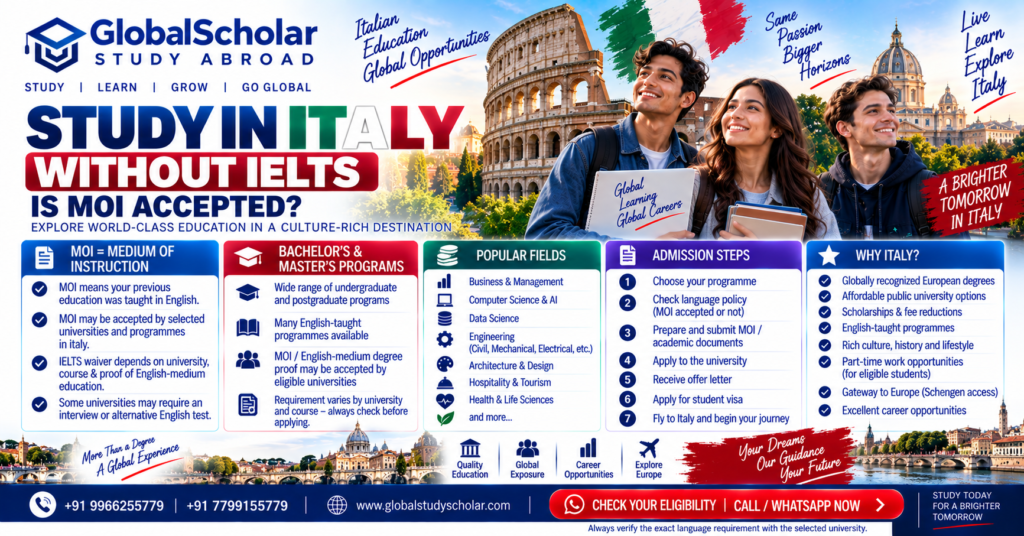 Study in Italy without IELTS in 2026 with MOI acceptance depending on university and course