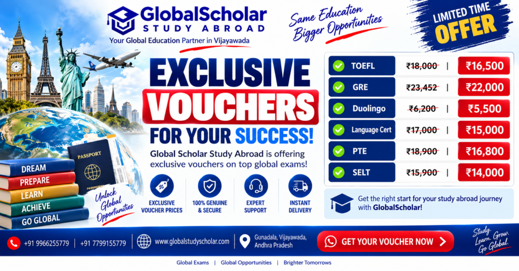 Study abroad exam vouchers for TOEFL GRE Duolingo LanguageCert PTE and SELT