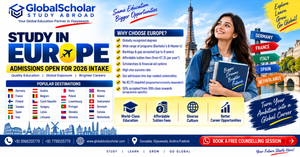Study in Europe 2026 for Indian students with courses, scholarships and admission opportunities