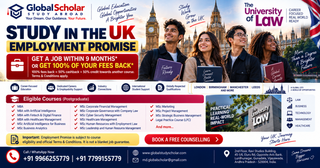 Study in UK with Employment Promise 2026 – University of Law postgraduate courses