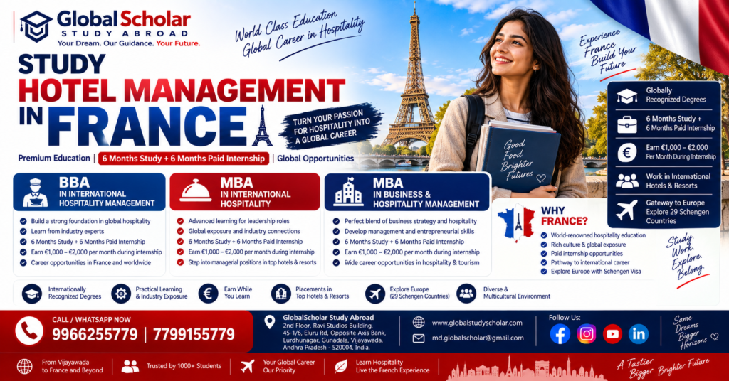 Study Hotel Management in France 2026 with 6 Months Study and 6 Months Paid Internship – GlobalScholar Study Abroad