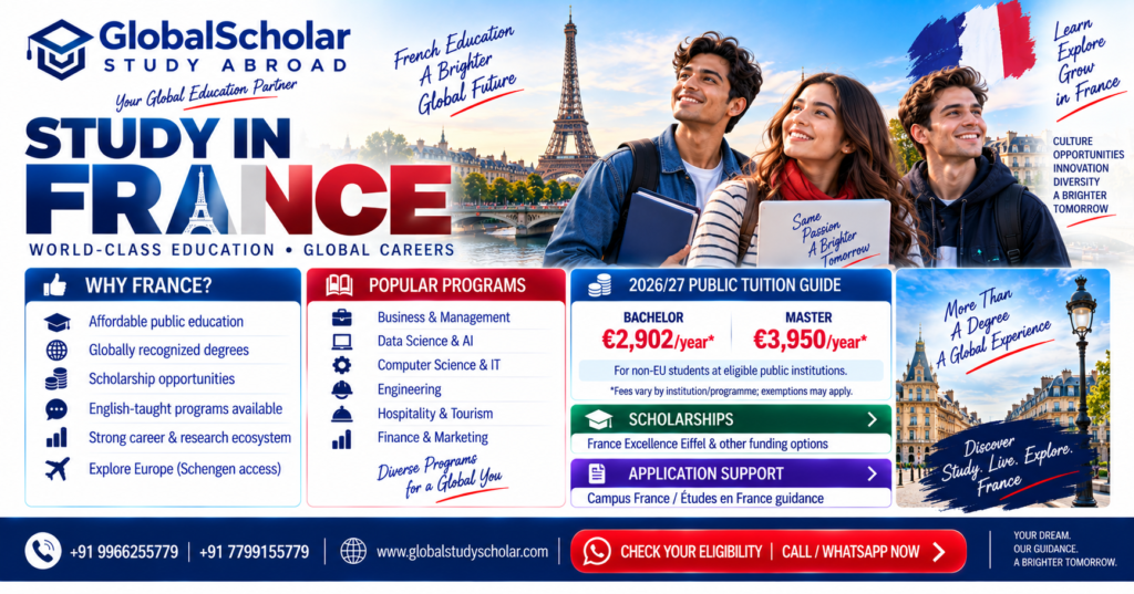 Study in France 2026 with GlobalScholar, featuring courses, tuition fees, scholarships and career opportunities