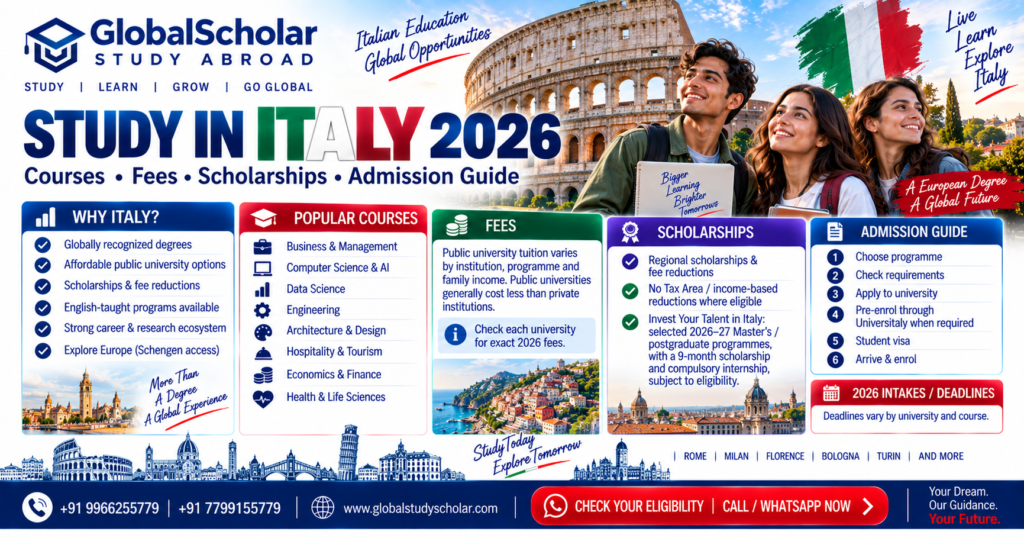 Study in Italy 2026 with GlobalScholar, featuring courses, fees, scholarships and admission guidance