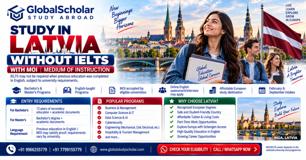 Study in Latvia without IELTS 2026 with MOI