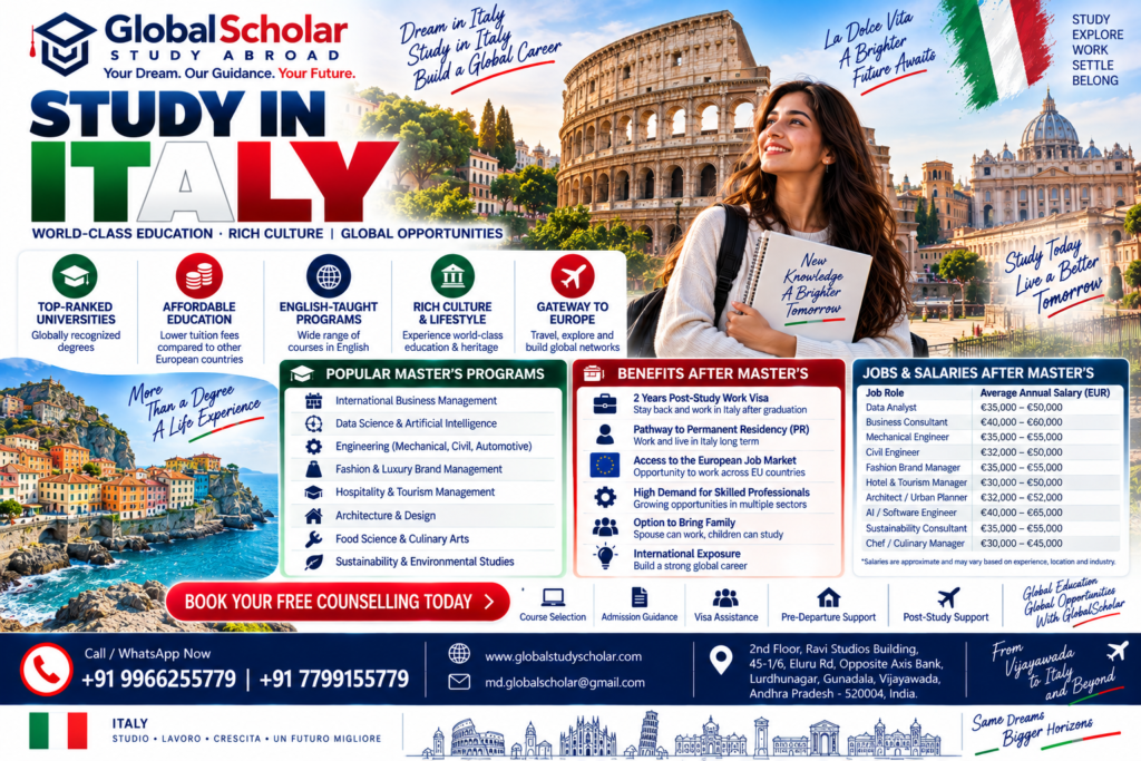 Study in Italy 2026 for Indian students with GlobalScholar